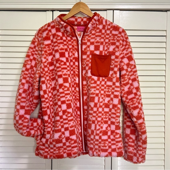 Nicola Bee Pink and Orange Checkerboard Zip front Fleece Jacket, Large - Picture 5 of 10